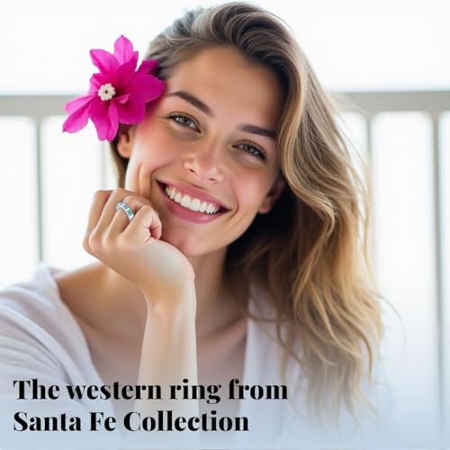 SHOP LC DELIVERING JOY Santa Fe Style Turquoise Ring for Women 925 Sterling Silver Band Boho Western Jewelry for Women Promise Rings Size 7 Birthday Christmas Gifts