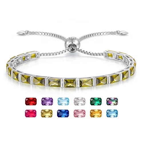 Radiant Cut Birthstone Tennis Bracelets for Women, Adjustable 6–9 Inches White Gold Plated Sterling Silver Bracelet, Hypoallergenic Anniversary Birthday Valentine’s Day Gift for Her - color: 08-Peridot