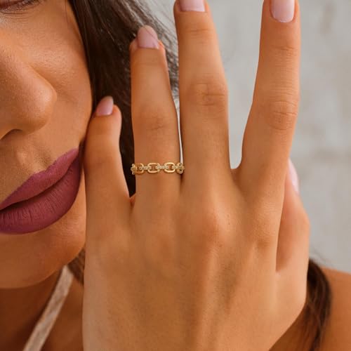 Coshilta 14K Gold Plated Cubic Zirconia Ring for Woman, Multi CZ Simulated Diamond Cluster Ring Marquise Round Rings Thin Stackable Knuckle Band Trendy Jewelry Gift Size 6-10 - color: Chain