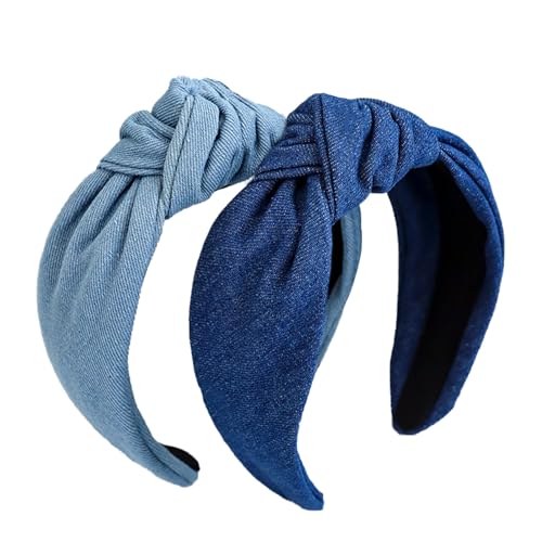 2 Pcs 6CM Wide Knotted Hair Hoops Vintage Denim Knot Headbands Non-Slip Elastic Top Thick Hairbands Dark Blue Light Blue
