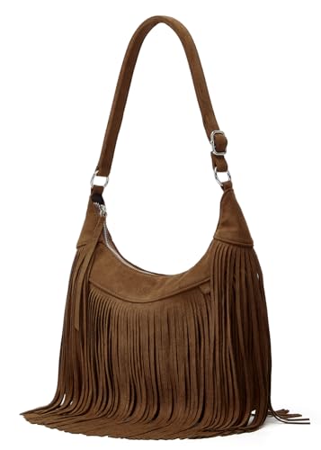 Suede Fringe Crossbody Bag for Women Ladies Stylish Leather Shoulder Bag Purse Handbag Fall Winter Spring - color: Coffee