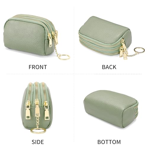 SENDEFN Small Coin Purse Leather 3 Zippered Change Pouch Wallet with Key Ring for Women - color: 1-Green