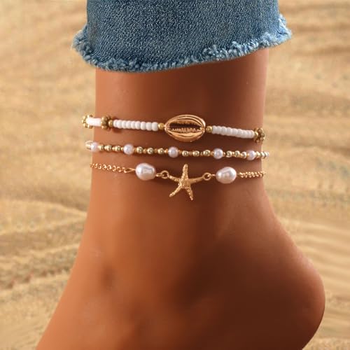 3PCS Boho Anklets for Women Summer Beach Women's Ankle Bracelets Beaded Anklet Bracelet Waterproof Beach Anklets Shell Starfish Anklet Foot Chain Jewelry for Women - color: 3PCS/style 20