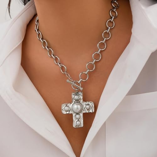Chunky Cross Necklace for Women Chunky Gold Necklace Statement Cross Pendant Vintage Toggle Clasp Necklace Jewelry for Women - color: C2-Silver Cross Necklace