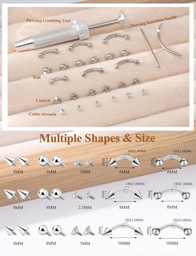 Eyebrow Piercing Jewelry Set with Tool, Surgical Steel Curved Barbell Kit with CZ, Spike & Ball Replacement Ends, Internal Thread 6mm/8mm/10mm Rook Daith Lip Rings for Women Men - color: 18G Silver
