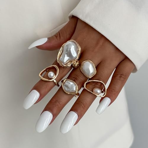 Chunky Gold Pearl Rings for Women Vintage Baroque Pearl Rings Set Open Stacking Pearls Ring Set Irregular Geometric Pearls Ring Boho Prom Costumes Fashion Jewelry Accessories - style: 5PCS B
