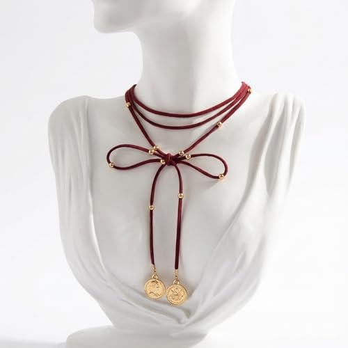 Stagecoach Festival Outfits for Women Boho Leather Necklace with Coin Pendants Long Cowgirl Western Jewelry for Women Country Concert Outfits Accessories - color: A3：red
