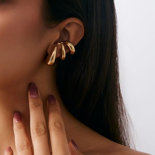 Ear Cuffs Non Piercing Chunky Water Droplet Ear Cuff Earrings for Women Trendy Clip on Cartilage Simple C-Shaped Diamond Studded Ear Clip Jewelry Best Gifts 2026 - color: B-Gold