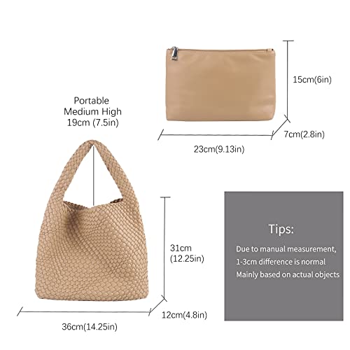 Woven Tote Bag For Women, Large Vegan Leather Travel Handbag, Casual Work Shoulder Bag, Underarm Commuter Hobo Bag With Purse - color: Khaki