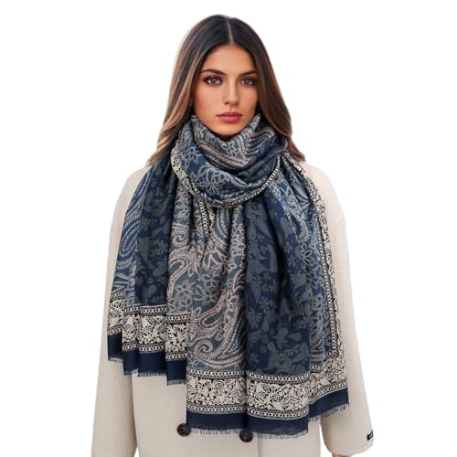 Paisley Pashmina Feel Shawls Wraps for Women Rave Scarf Soft Silky Exotic Boho All Seasons - color: Dark Blue