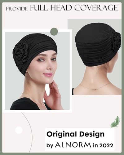 Alnorm Flower Design Chemo Hair Loss Caps Cancer Headwear for Women - color: Black
