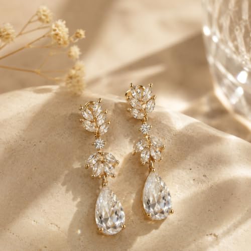 Pearl Earrings for Women, 14k Gold Plated Trendy Diamond Pearl Drop Earrings Hypoallergenic Dainty Bridal Gifts Wedding jewelry for Women - color: Wheat-Gold