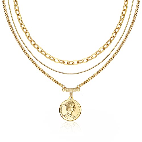 6PCS Layered Gold Necklaces for Women Trendy, 18K Gold Plated Cross Pendant Necklace Set, Vintage Chunky Gold Necklace Stack for Women Jewelry Gifts - style: 3PCS Layered Necklace