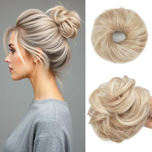 CJL HAIR 2PCs Small Cute Messy Bun Hair Piece for Thin Hair Women Mini Synthetic Curly Bun Scrunchies Updo Hairpieces Cream Blonde - color: 2PCS-Cream Blonde