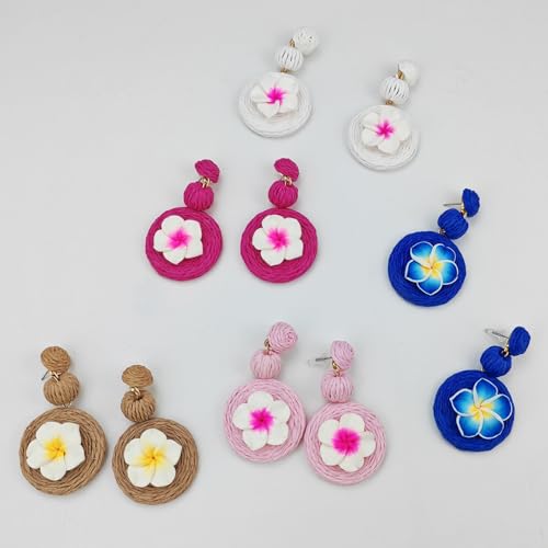 Boho Raffia Ball Earrings for Women, Handmade Statement Drop Earrings Straw Dangle Earrings Beach Vacation Jewelry - color: White flowers