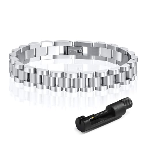 MPRAINBOW 2pcs 18K Gold Plated Chain Link Bracelet, Stainless Steel Crystal Friendship Bracelets Bangle,Watch Band Chains Wristband Jewelry with Adjust Tool - color: Silver-21cm