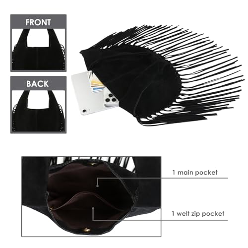 HDE Women's Faux Suede Leather Bag Fringe Tassel Shoulder Purse Western Handbag - color: Black