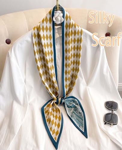 kcctoo 59” Long Silk Like Head Scarf Women's Fashion Square Neck Satin Scarfs for Bag Hair Scarves Gift 59 * 5.9” - color: S1 Green Street Yellow White 59" X 5.9"