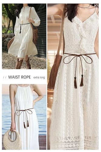 TeeYee Waist Belt Woven Knitted Rope/Chain PU leather 3 Pieces Tassel Rope Skinny Belt - color: 005blackredcoffee