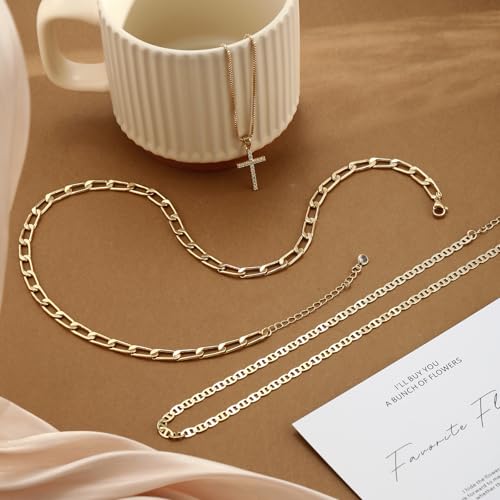 Layered Gold Necklaces for Women Dainty 14k Gold/Silver Plated Stackable Choker Necklaces Trendy Cuba Cross Circle Pendant Necklaces Set Jewelry Gifts for Women
