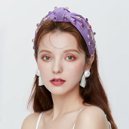 WantGor Pearl Knotted Headband, Women Rhinestone Embellished Hairband Elegant Wide Top Knot Bride Headbands Headpieces Party Fashion Elegant Ladies Hair Band Hair Hoop Accessories (Light Purple) - color: Light Purple