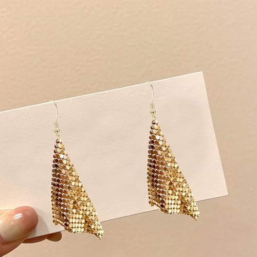 Sequin Earrings for Women Metal Mesh Grid Sequins Tassel Long Drop Dangle Earrings Trendy Charms Bridal Wedding Jewelry - color: Gold