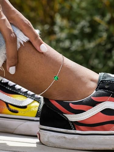 ChicSilver 925 Sterling Silver Anklets for Women, Simple Dainty Round/Heart Birthstone Ankle Bracelet Beach Foot Jewelry, 8.7-10.7 Inch Adjustable - color: 05. Round - May(Emerald)