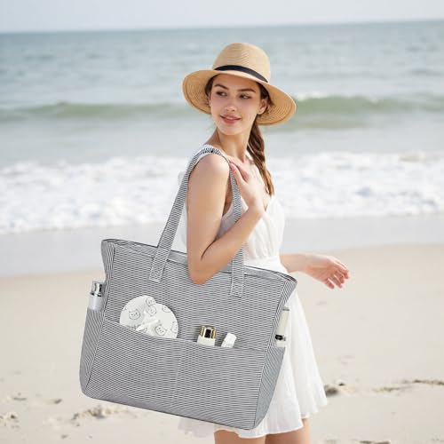 Bluboon Waterproof Beach Tote Pool Bags for Women Ladies Extra Large Carry On Bag With Wet Compartment for Weekender Travel - color: Black White Fine Stripes