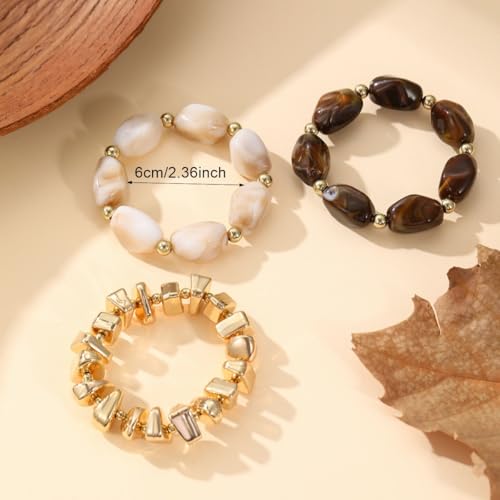 Gold Bracelet Stack For Women, 3Pcs Jade Vintage Chunky Stackable Stretch Boho Western Adjustable Bracelet Stacks Statement Dainty Tarnish Free Waterproof Jewelry Gift - color: Unique-Brown & White