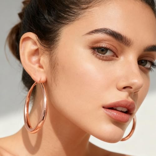 EXGOX Sterling Silver Hoop Earrings - Hypoallergenic, Lightweight, Chunky, 14K Real Gold Plated, Big Large Hoops for Women - color: Chunky&Rose Gold hoop 50mm