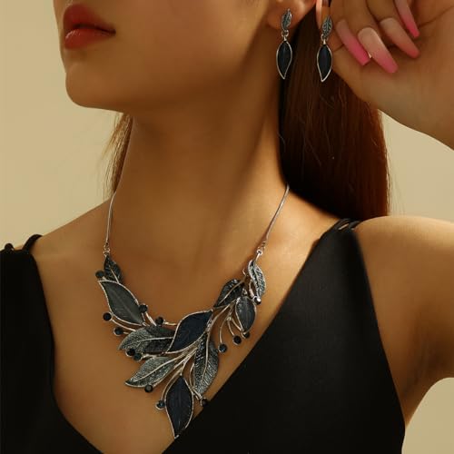 Vintage Chunky Statement Jewelry Set Retro Leaf Floral Geometric Bohemian Boho Bib Necklace Earring Set Fashion Costume Jewelry for Women Girls Wedding Party Prom Unique Gift - style: spring leaf-blue grey silver