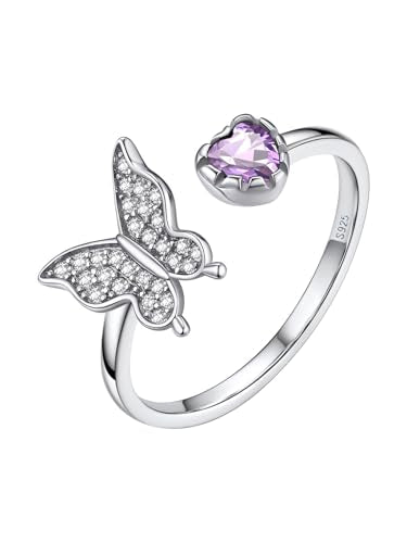 Bestyle 925 Sterling Silver Butterfly Ring Hypoallergnic Adjustable Birthstone Rings for Women Butterfly Jewelry Gifts for Anniversary Mothers' Day Birthday - color: 06.June (Alexandrite)-Ring Delicate