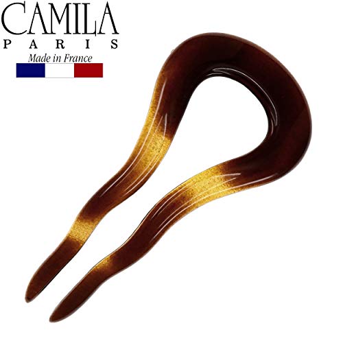 Camila Paris CP2639 French Twist Stick Clip Pins, Tortoise Shell, Wavy Hair Pin U-Shaped Hair Fork for Girls Spiral Updo Chignon Bun Holder, Flexible Styling Hair Accessories for Women, Made in France - color: 2-Prong Tortoise Shell
