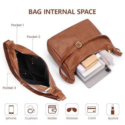 Brown Shoulder Bag for Women,Brown Leather Purse Slouchy Hobo Bags Everyday Purse Daily Commuting Bag with Zipper - color: Light Brown
