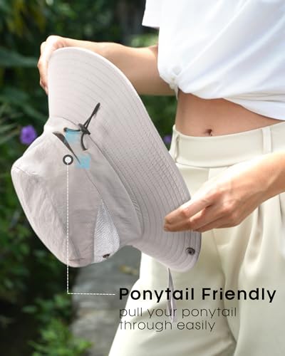FURTALK Womens Sun Hat with Ponytail Hole Beach Hiking Summer Wide Brim UPF 50+ Outdoor Protection Foldable Bucket Hat - color: Light Grey