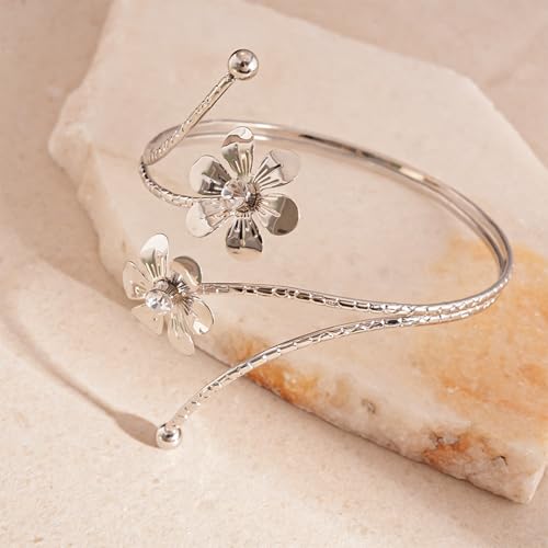Arm Cuff Jewelry for Women Adjustable Flower Cuff Bangle Bracelet Gold Armband Upper Jewelry Gifts for Women Boho Western Accessories - color: B4:silver flower