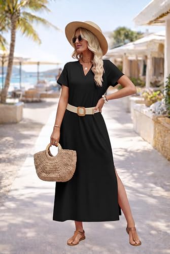 OFEEFAN Summer Dresses for Women 2026 Maxi Dress Short Sleeve Sundresses with Pockets Beach Vacation Spring Outfits - color: Black, size: XX-Large