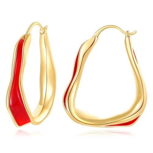 Chunky Hoop Earrings for Women Thick Minimalist Geometric Huggie Hoop Earrings Dainty Thick Y2K Preppy Earrings - style: irregular wave red