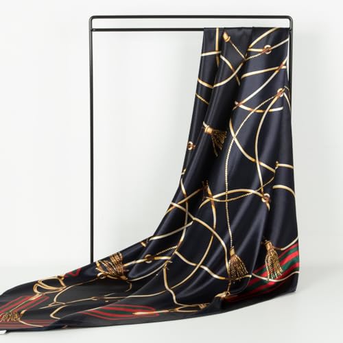 RIIQIICHY Head Scarf for Women Like Silk Scarf Hair Scarf Printed Square Scarf Bandanas for Women 35 Inches - color: Navy/Gold/Red/Green