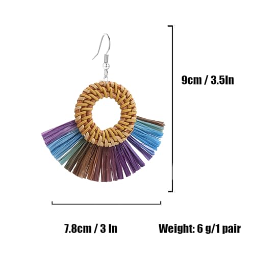 Boho Summer Beach Earrings for Women Lightweight Straw Wicker Earring Statement Raffia Fan Round Tassel Dangle Drop Earrings Hawaii Jewelry - style: Purple Round