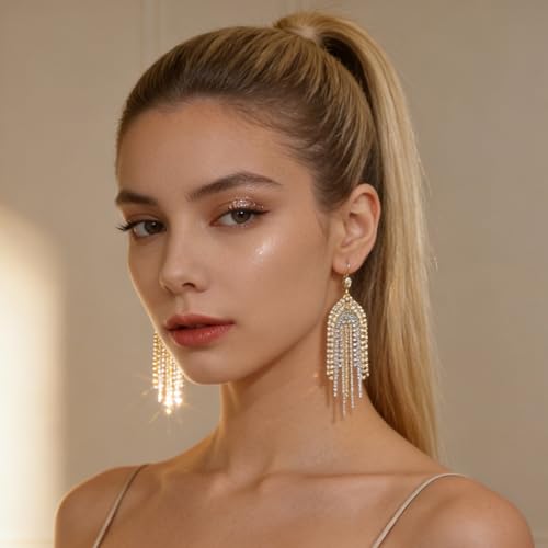 Gold Chandelier Earrings for Women Pearl Rhinestone Fringe Long Tassel Earrings for Women Sparkly Rhinestone Jewelry for Wedding Party Accessories