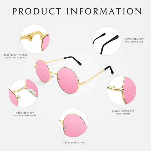 NACHLYNN Round Hippie Sunglasses Metal Border Circle Hippie Glasses UV380 Protection 70s Sunglasses for Men Women Party Favor - color: Pink
