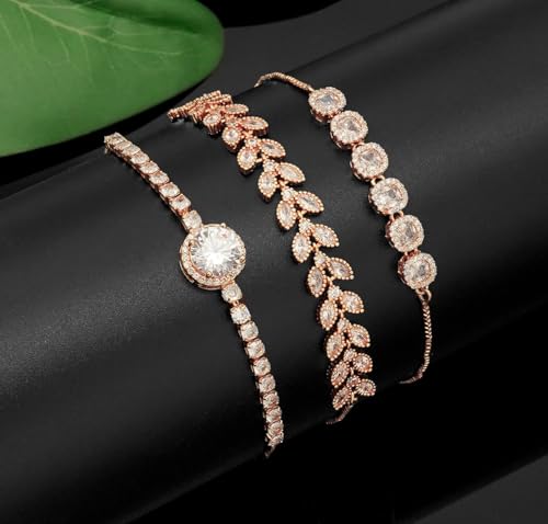 Tennis Bracelet for Women Cubic Zirconia Bracelets Adjustable Slider Bracelets - color: Rose Gold