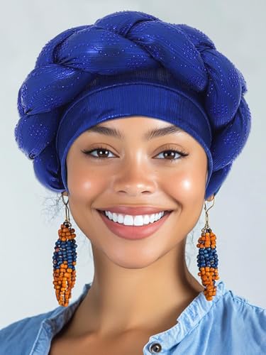 Woeoe African Headwrap Gold Braided Turbans for Women - color: Blue