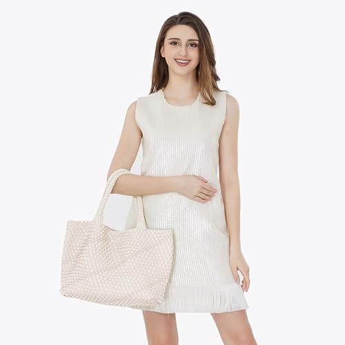 Woven Tote Bag Womens Purse Vegan Leather Shoulder Handbags Fashion Summer Beach Tote Bags Large Travel Totes - color: Beige