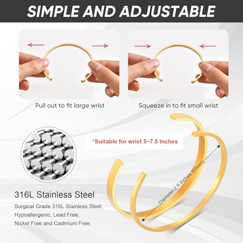 MEALGUET Stainless Steel Mens Cuff Bracelet : Minimal Cool Silver/Black/Gold Plated Open Metal Cuff Bangle Bracelets for Men,Mens Bracelet Jewelry Gift - color: Gold Plated-2-Pack, size: Medium( fit 5.5"-7.2" wrist)