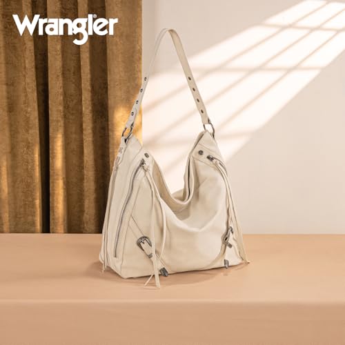 Wrangler Large Hobo Purses and Handbags for Women with Buckle and Fringe Zipper Faux Suede Shoulder Bag - color: Beige