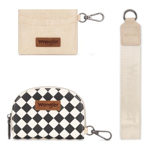 Wrangler KeyChain Wallet Checkered Wristlet Wallets for Women Western Dual Pouch Wristlet Credit Card Holder Wallet - color: Checkered Tan