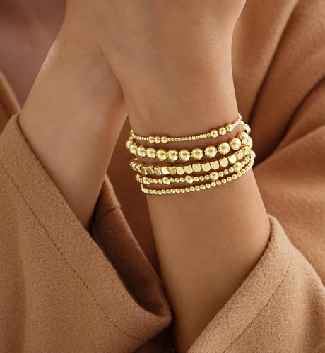 Gold Beaded Bracelets for Women, 14K Real Gold Plated Jewelry for Women Dainty Pearl Bead Bracelets Stack, Non Tarnish Trendy Stackable Ball Cross Stretch Bracelet Set Fashion Accessories Gifts - color: Gold square bead