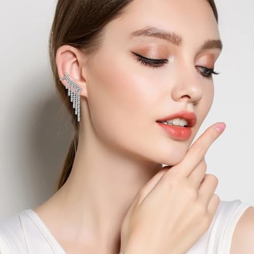 Star Crystal Ear Cuff Earrings for Women Rhinestone Ear Climber Earrings Cubic Zirconia North star Ear Crawler Earrings for Mom Wife - color: Silvertassel